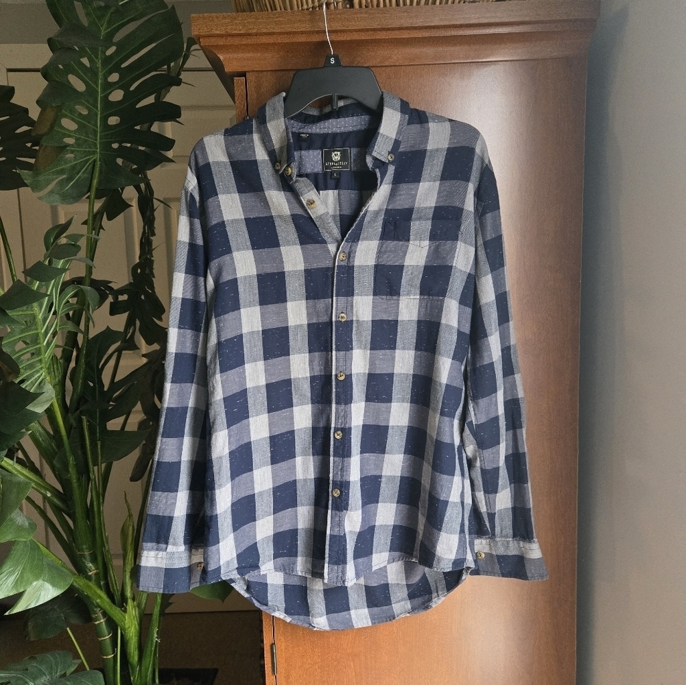 Steel & Jelly London Mens Blue And Grey Checked Large Button Up